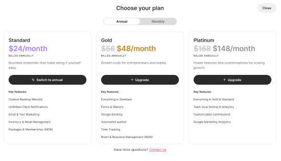 View plans modal for logged in subscribers