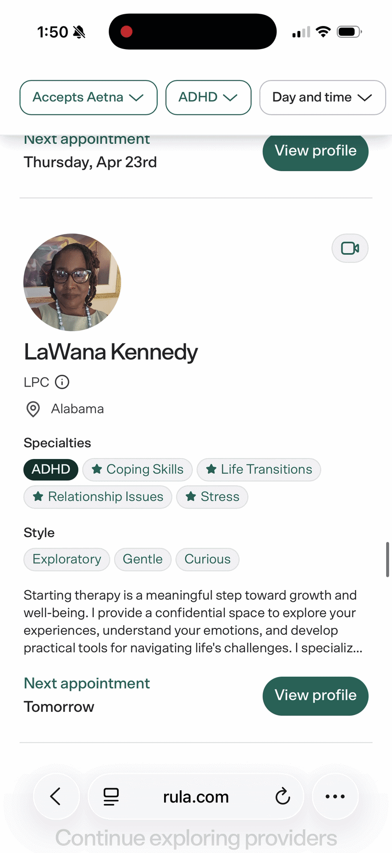 Directory results page with location and insurance modal