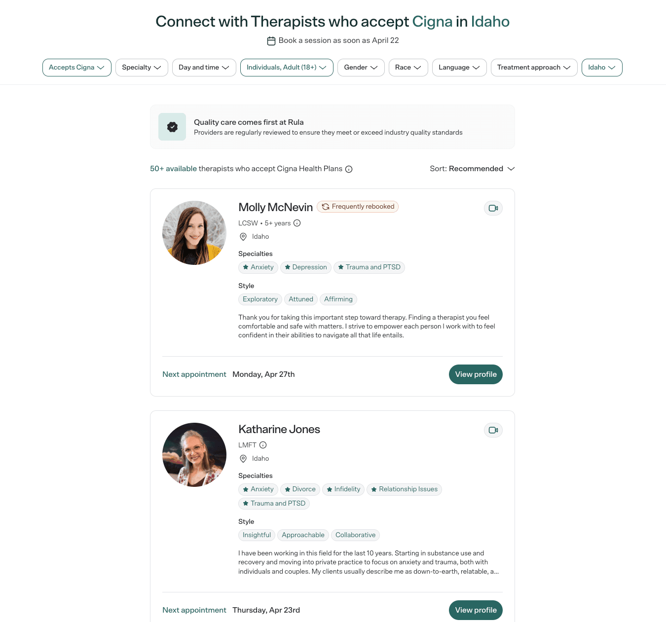 Therapist directory — additional view