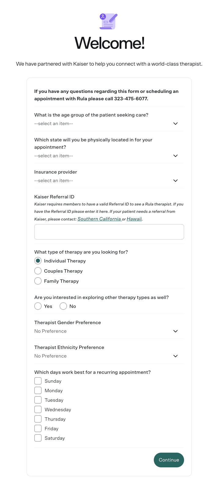 Intake form capturing state and insurance coverage before showing calendar slots