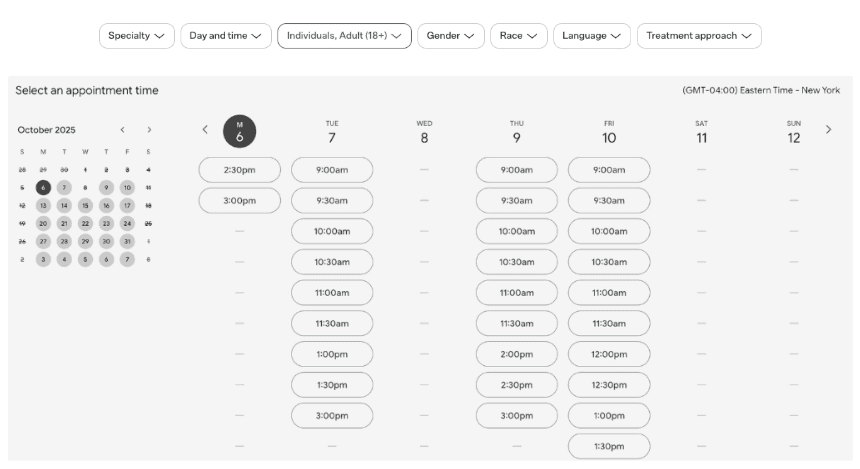 Calendar view with side filter panel for therapist preferences