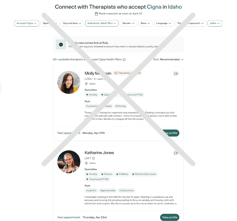 The existing therapist list — built for patient browsing, not agent scheduling